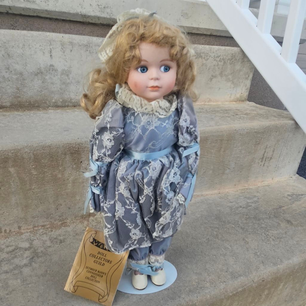 Girls Seymour Mann Blue & White Porcelain Doll One Size, Approximately 15" Tall